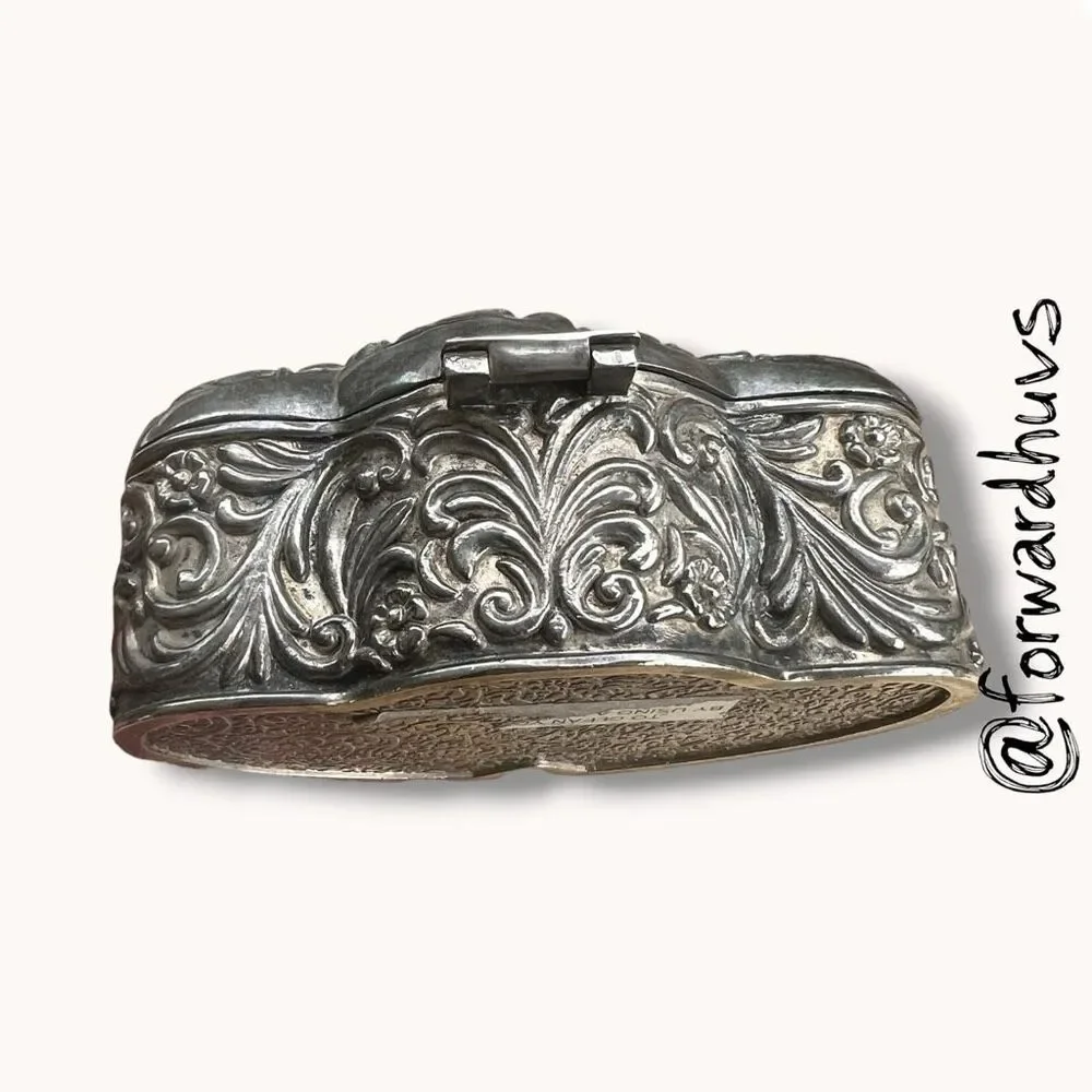 Vintage Ornate Double Heart Silver Tone Hinged Trinket Box Blue Velvet Lined